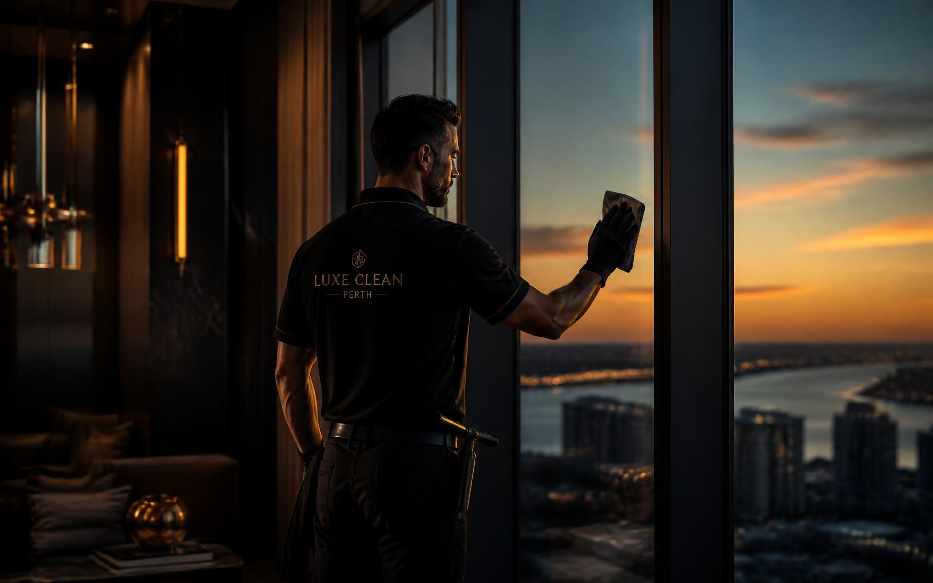 Black Wolf Cleaning Services cleaner polishing a window in a luxury Perth apartment at dusk